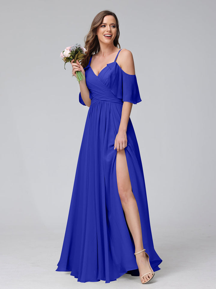 A-Line V-Neck Chiffon Long Bridesmaid Dresses With Split Side &amp; Spaghetti Straps