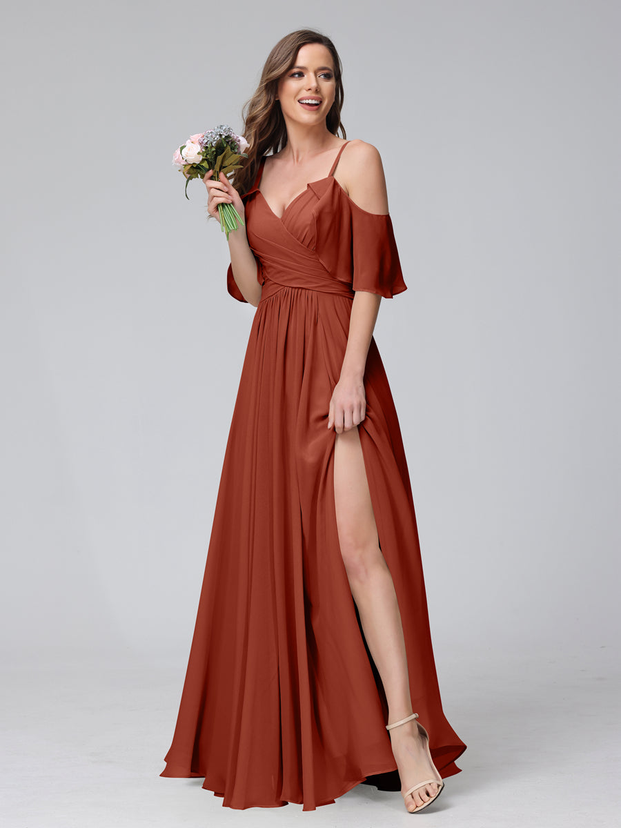A-Line V-Neck Chiffon Long Bridesmaid Dresses With Split Side &amp; Spaghetti Straps