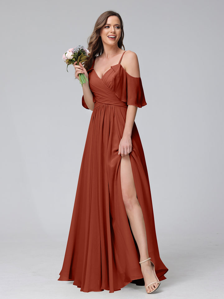 A-Line V-Neck Chiffon Long Bridesmaid Dresses With Split Side &amp; Spaghetti Straps