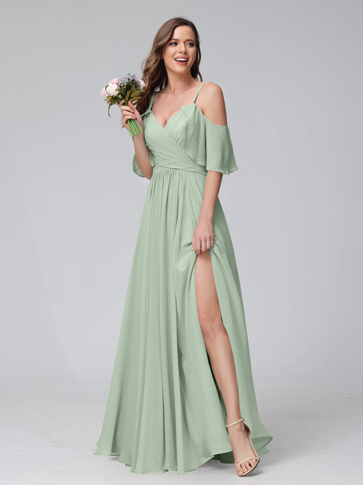 A-Line V-Neck Chiffon Long Bridesmaid Dresses With Split Side &amp; Spaghetti Straps