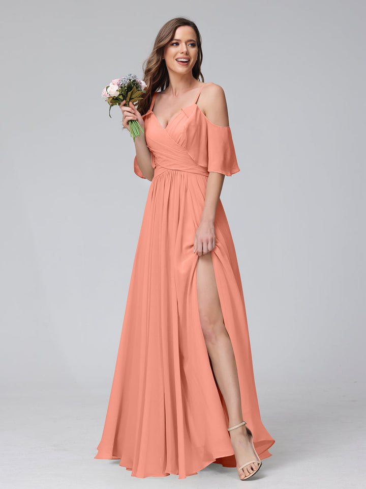 A-Line V-Neck Chiffon Long Bridesmaid Dresses With Split Side &amp; Spaghetti Straps