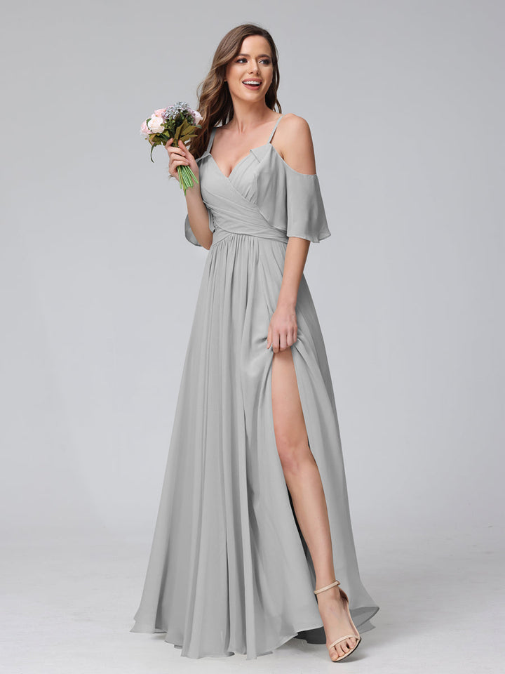 A-Line V-Neck Chiffon Long Bridesmaid Dresses With Split Side &amp; Spaghetti Straps