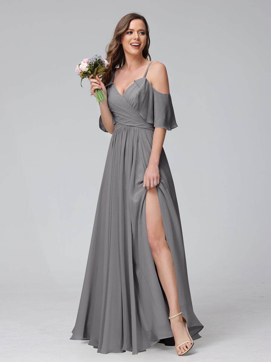 A-Line V-Neck Chiffon Long Bridesmaid Dresses With Split Side &amp; Spaghetti Straps