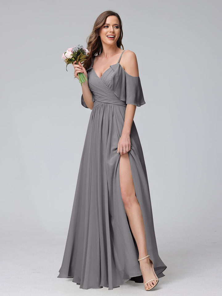 A-Line V-Neck Chiffon Long Bridesmaid Dresses With Split Side &amp; Spaghetti Straps