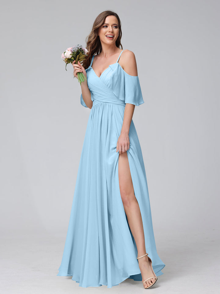 A-Line V-Neck Chiffon Long Bridesmaid Dresses With Split Side &amp; Spaghetti Straps
