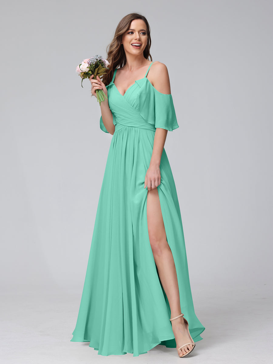 A-Line V-Neck Chiffon Long Bridesmaid Dresses With Split Side & Spaghetti Straps