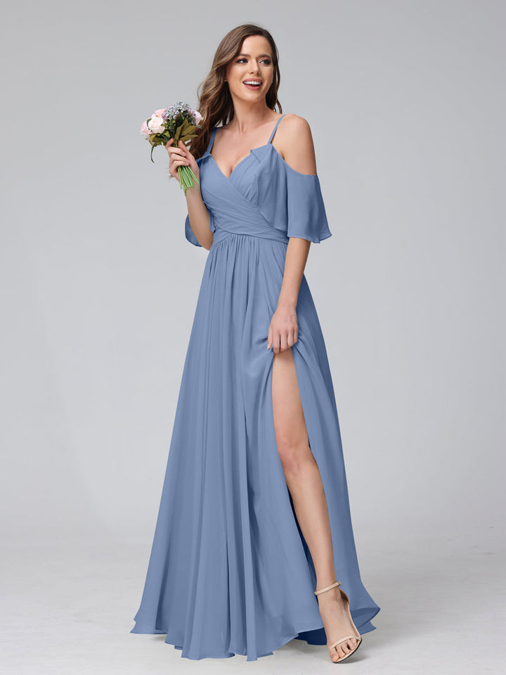 A-Line V-Neck Chiffon Long Bridesmaid Dresses With Split Side &amp; Spaghetti Straps