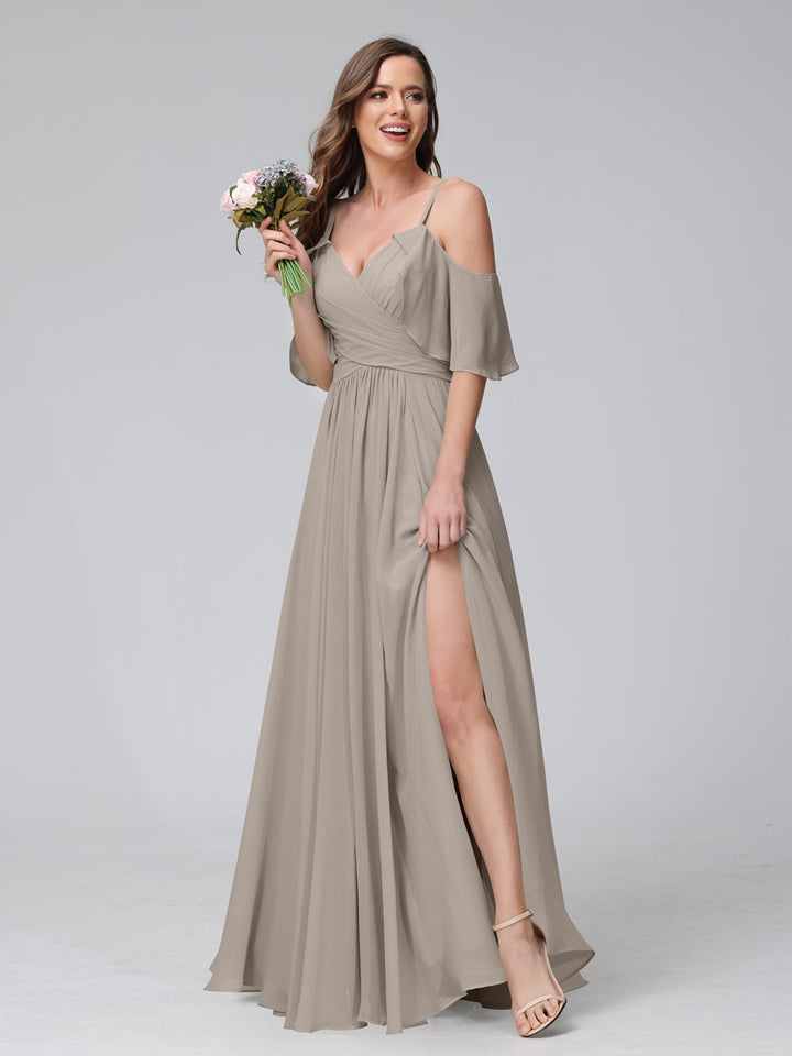 A-Line V-Neck Chiffon Long Bridesmaid Dresses With Split Side &amp; Spaghetti Straps