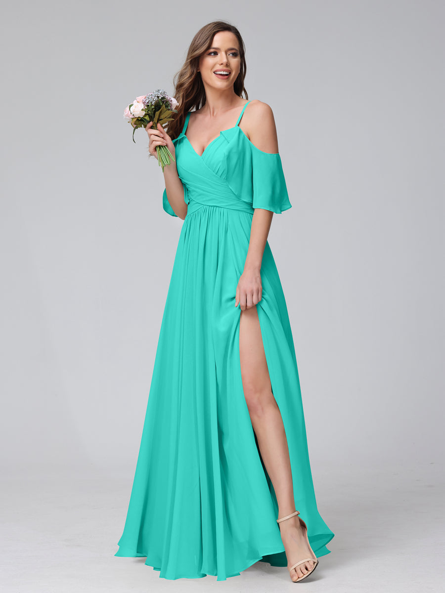 A-Line V-Neck Chiffon Long Bridesmaid Dresses With Split Side &amp; Spaghetti Straps