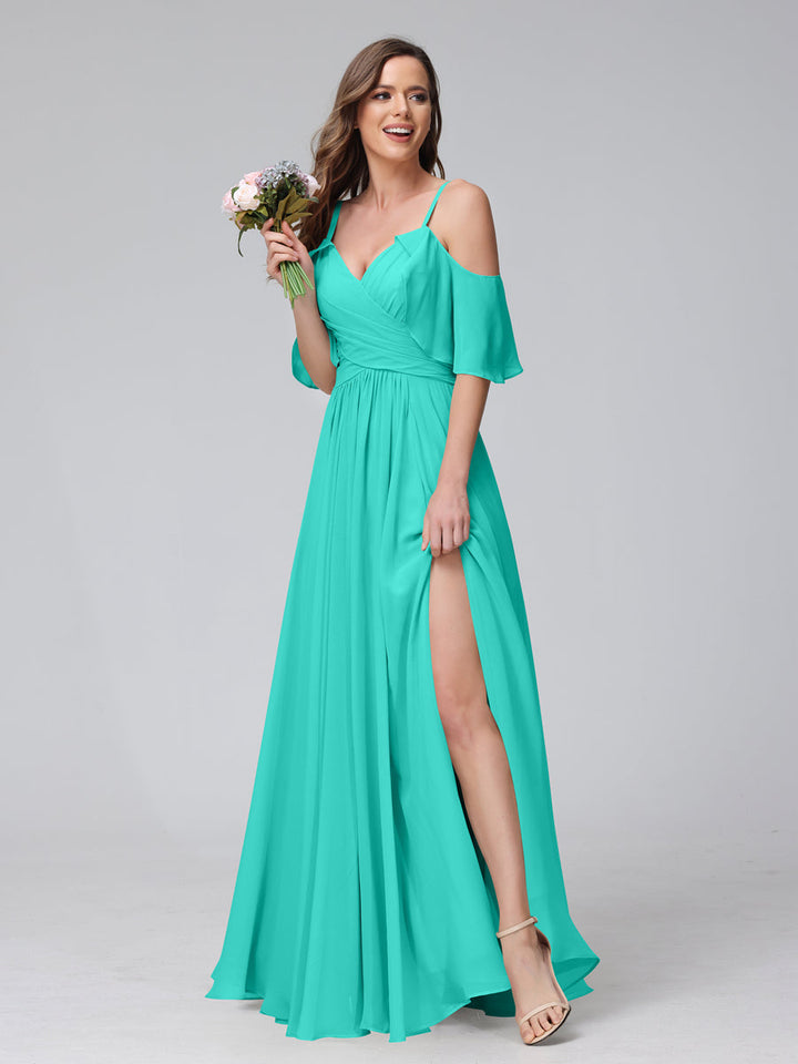 A-Line V-Neck Chiffon Long Bridesmaid Dresses With Split Side &amp; Spaghetti Straps