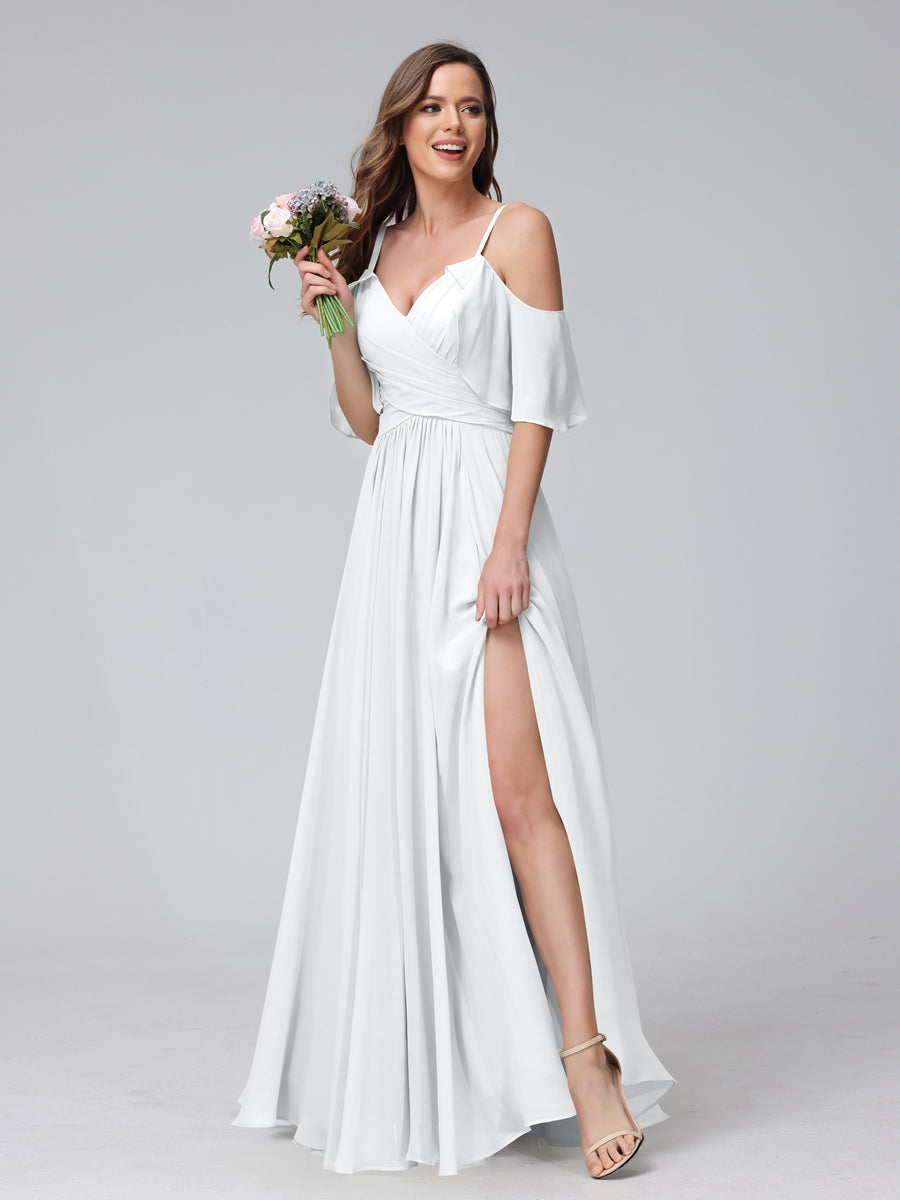 A-Line V-Neck Chiffon Long Bridesmaid Dresses With Split Side &amp; Spaghetti Straps