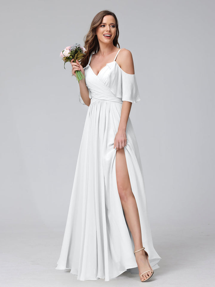 A-Line V-Neck Chiffon Long Bridesmaid Dresses With Split Side &amp; Spaghetti Straps