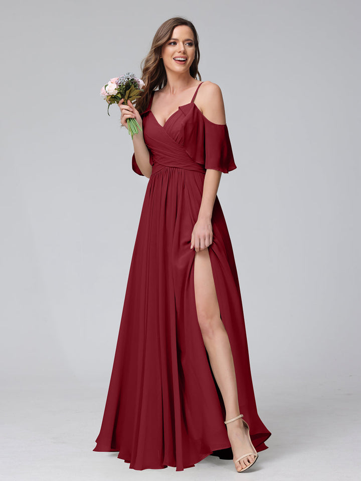 A-Line V-Neck Chiffon Long Bridesmaid Dresses With Split Side &amp; Spaghetti Straps