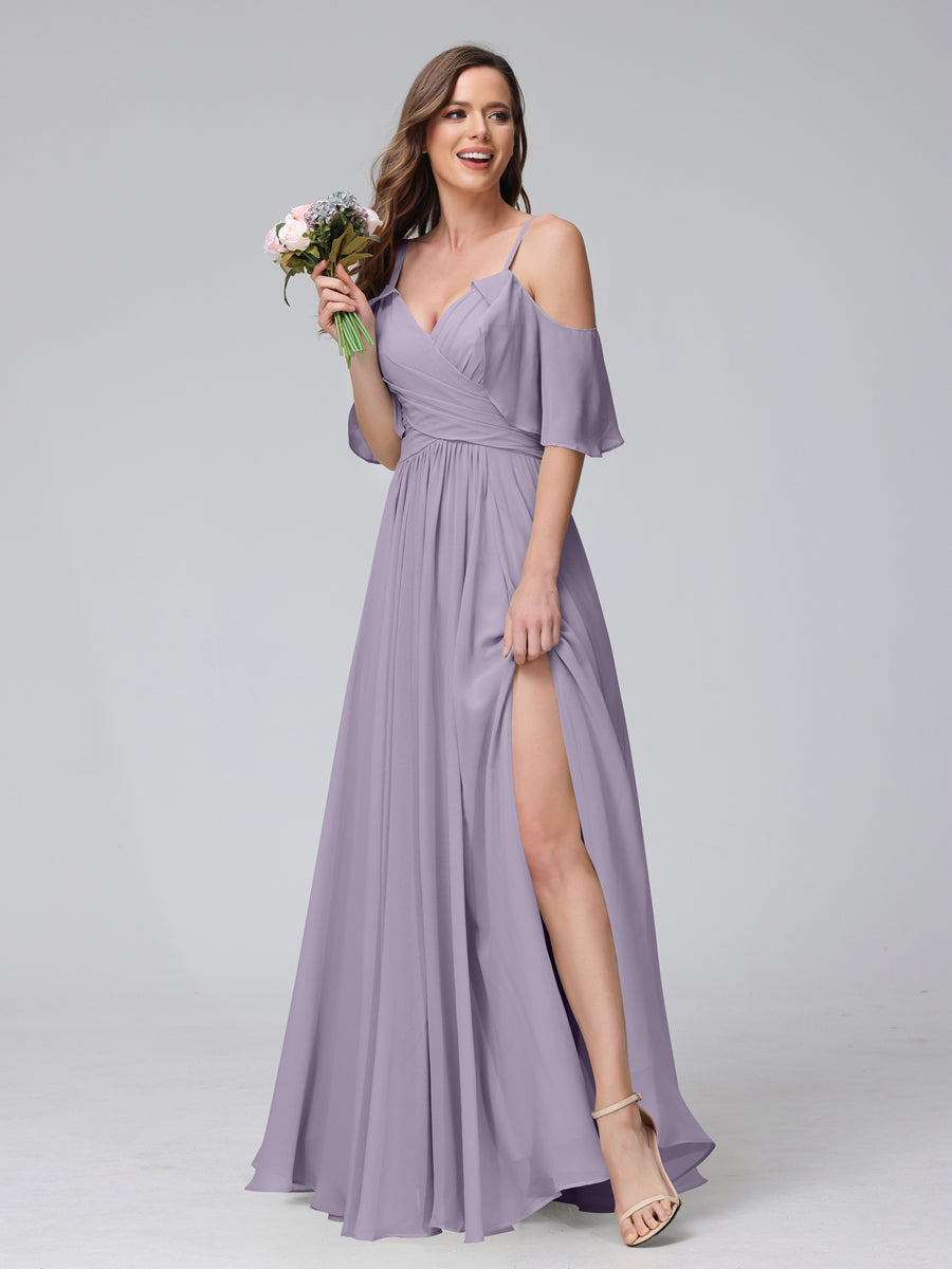 A-Line V-Neck Chiffon Long Bridesmaid Dresses With Split Side &amp; Spaghetti Straps