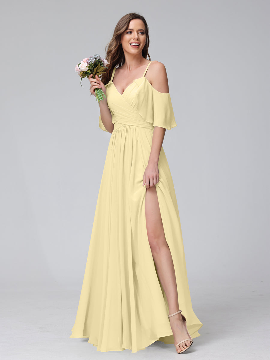 A-Line V-Neck Chiffon Long Bridesmaid Dresses With Split Side &amp; Spaghetti Straps