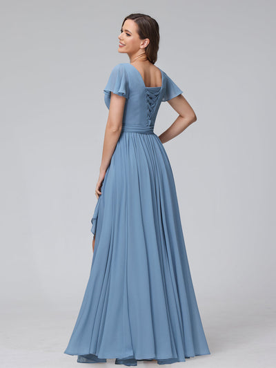 A-Line V-Neck Short Sleeves Long Chiffon Bridesmaid Dresses With Split Side