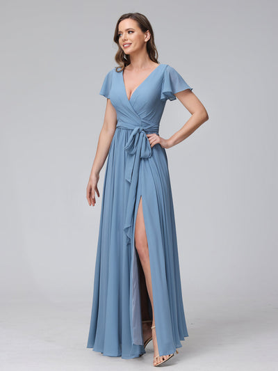 A-Line V-Neck Short Sleeves Long Chiffon Bridesmaid Dresses With Split Side