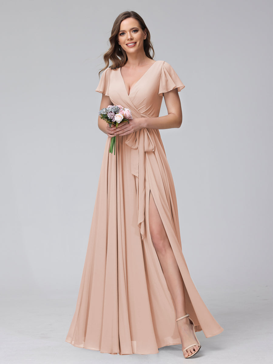 A-Line V-Neck Short Sleeves Long Chiffon Bridesmaid Dresses With Split Side