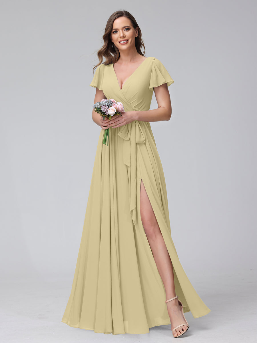 A-Line V-Neck Short Sleeves Long Chiffon Bridesmaid Dresses With Split Side