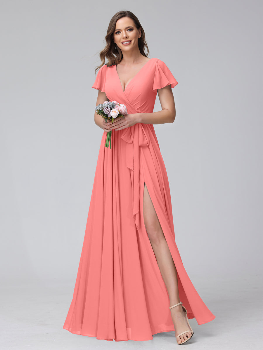 A-Line V-Neck Short Sleeves Long Chiffon Bridesmaid Dresses With Split Side