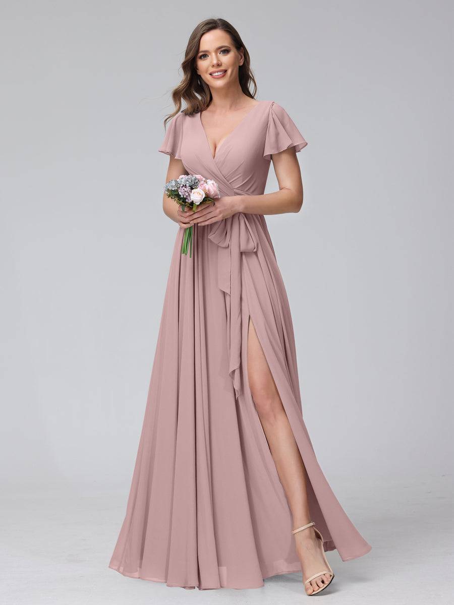 A-Line V-Neck Short Sleeves Long Chiffon Bridesmaid Dresses With Split Side