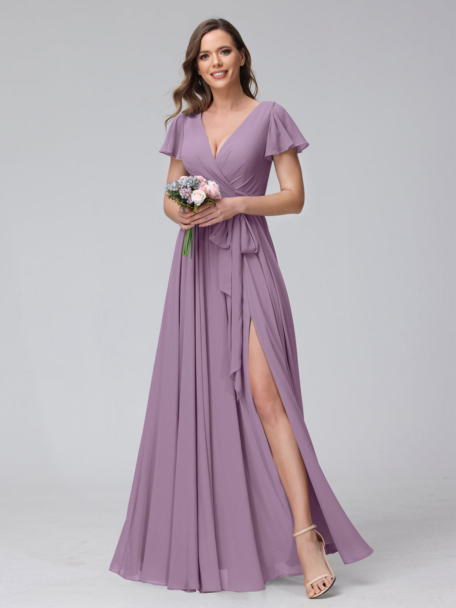 A-Line V-Neck Short Sleeves Long Chiffon Bridesmaid Dresses With Split Side