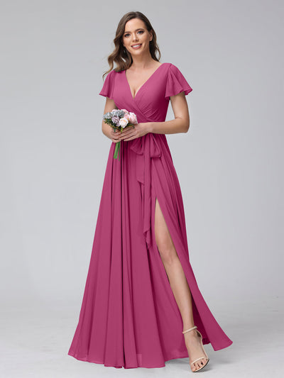 A-Line V-Neck Short Sleeves Long Chiffon Bridesmaid Dresses With Split Side