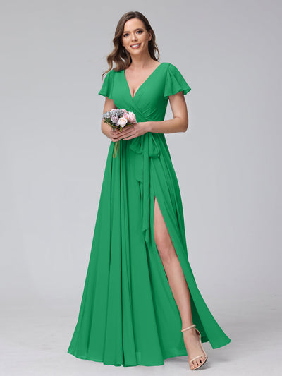 A-Line V-Neck Short Sleeves Long Chiffon Bridesmaid Dresses With Split Side