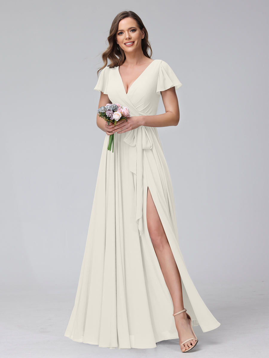 A-Line V-Neck Short Sleeves Long Chiffon Bridesmaid Dresses With Split Side