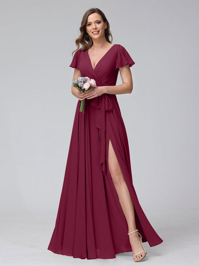 A-Line V-Neck Short Sleeves Long Chiffon Bridesmaid Dresses With Split Side