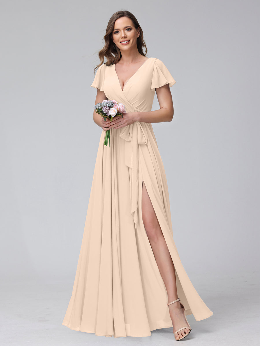 A-Line V-Neck Short Sleeves Long Chiffon Bridesmaid Dresses With Split Side