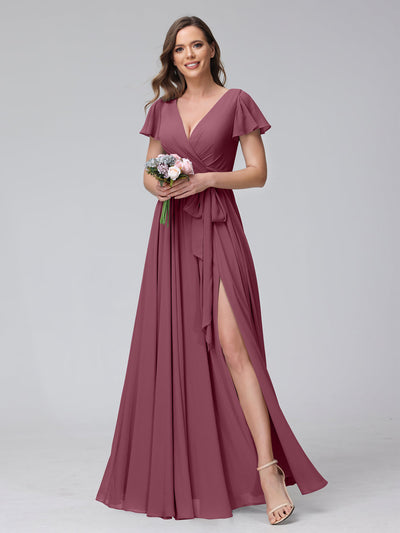 A-Line V-Neck Short Sleeves Long Chiffon Bridesmaid Dresses With Split Side