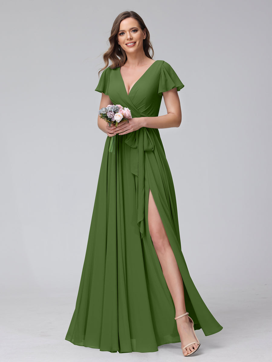 A-Line V-Neck Short Sleeves Long Chiffon Bridesmaid Dresses With Split Side