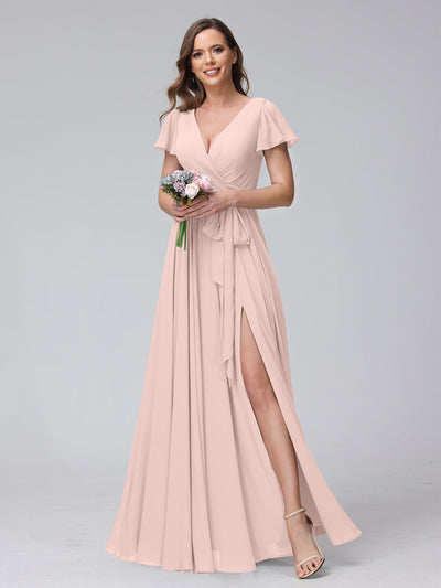 A-Line V-Neck Short Sleeves Long Chiffon Bridesmaid Dresses With Split Side