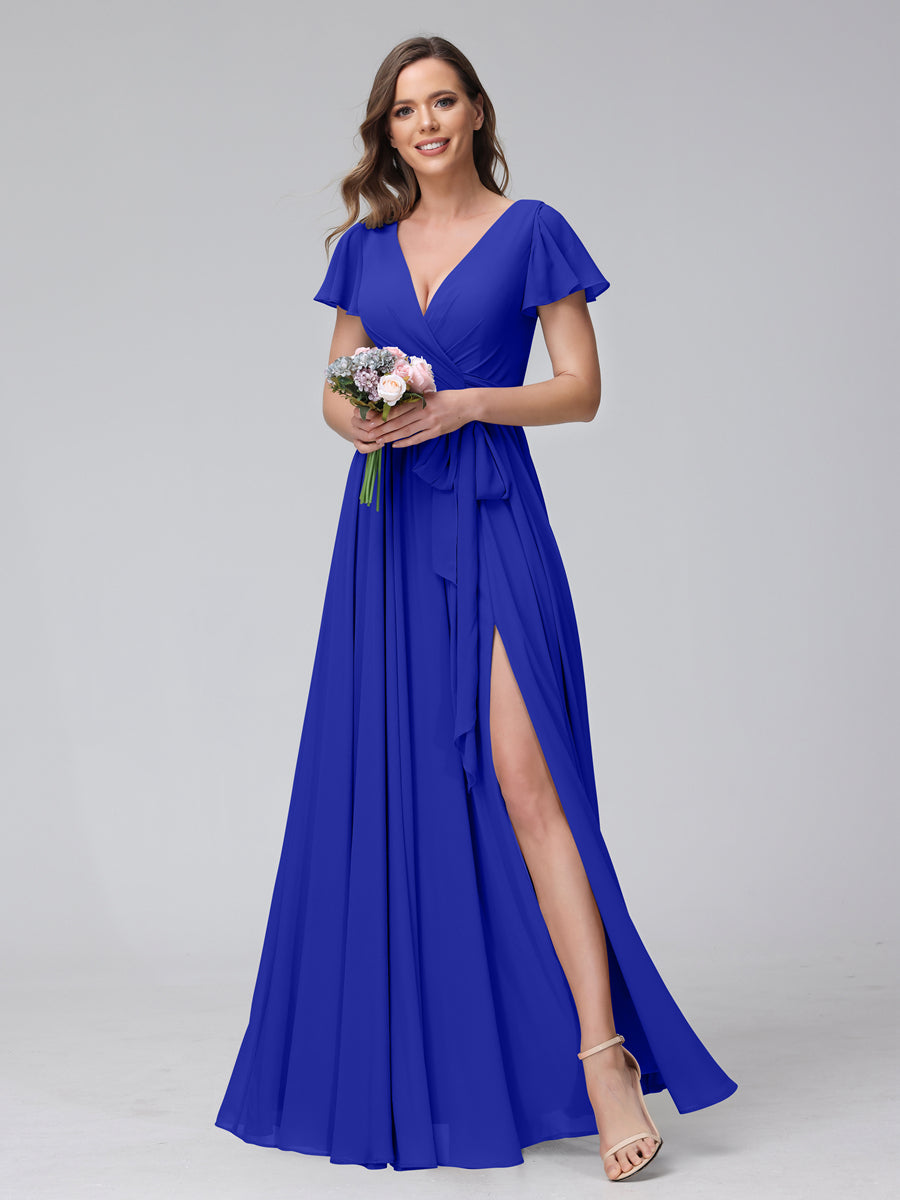 A-Line V-Neck Short Sleeves Long Chiffon Bridesmaid Dresses With Split Side