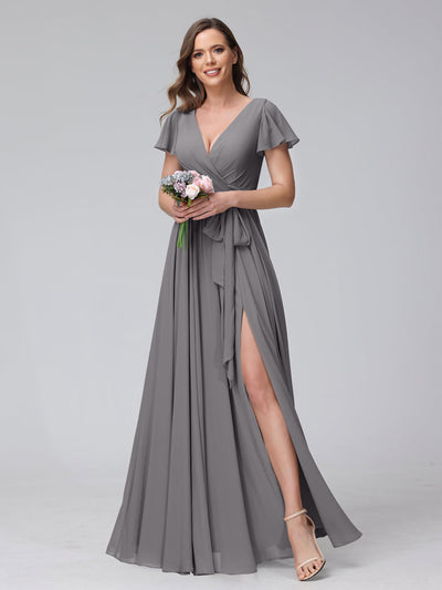 A-Line V-Neck Short Sleeves Long Chiffon Bridesmaid Dresses With Split Side