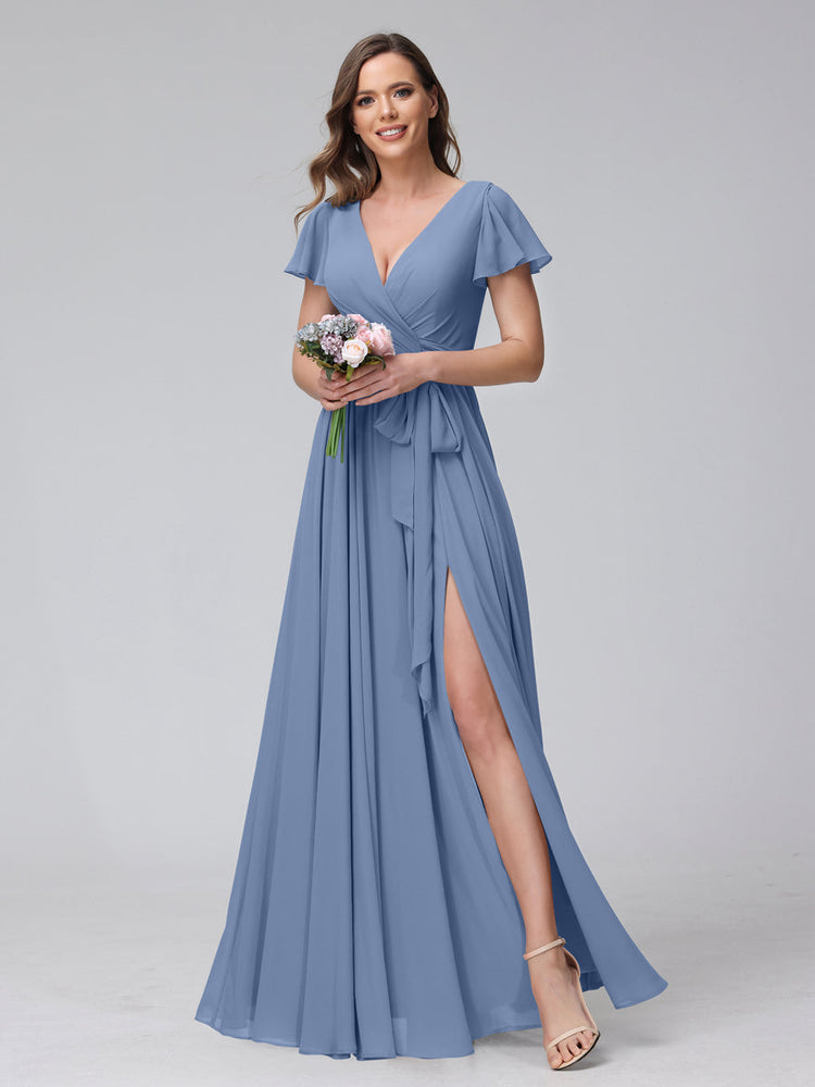 A-Line V-Neck Short Sleeves Long Chiffon Bridesmaid Dresses With Split ...