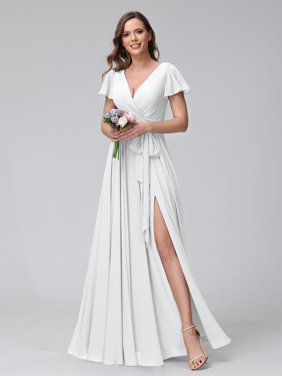 A-Line V-Neck Short Sleeves Long Chiffon Bridesmaid Dresses With Split Side