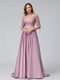 A-Line V-Neck Half Sleeves Applique Long Satin Bridesmaid Dresses With Split Side Pockets
