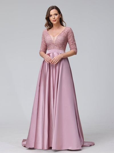 A-Line V-Neck Half Sleeves Applique Long Satin Bridesmaid Dresses With Split Side Pockets