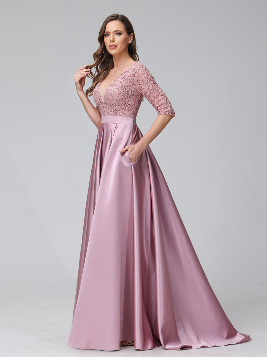 A-Line V-Neck Half Sleeves Applique Long Satin Bridesmaid Dresses With Split Side Pockets