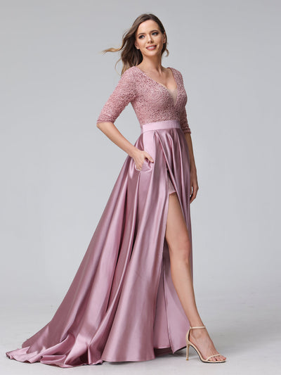 A-Line V-Neck Half Sleeves Applique Long Satin Bridesmaid Dresses With Split Side Pockets