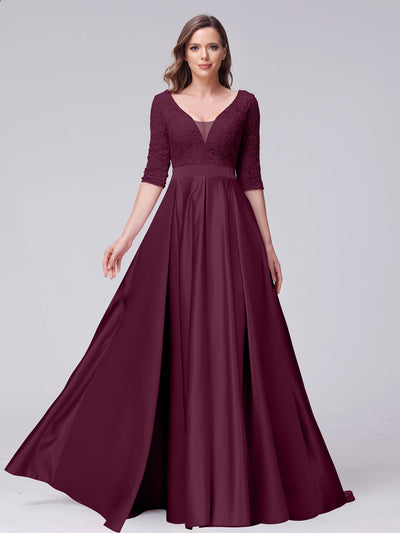 A-Line V-Neck Half Sleeves Applique Long Satin Bridesmaid Dresses With Split Side Pockets