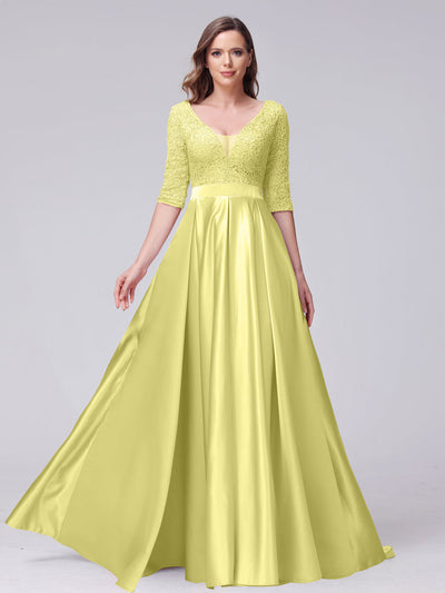 A-Line V-Neck Half Sleeves Applique Long Satin Bridesmaid Dresses With Split Side Pockets