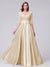 A-Line V-Neck Half Sleeves Applique Long Satin Bridesmaid Dresses With Split Side Pockets
