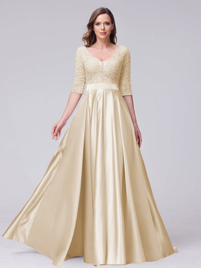 A-Line V-Neck Half Sleeves Applique Long Satin Bridesmaid Dresses With Split Side Pockets