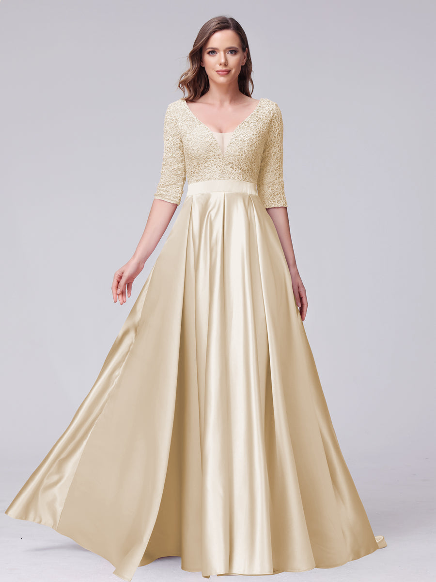 A-Line V-Neck Half Sleeves Applique Long Satin Bridesmaid Dresses With Split Side Pockets