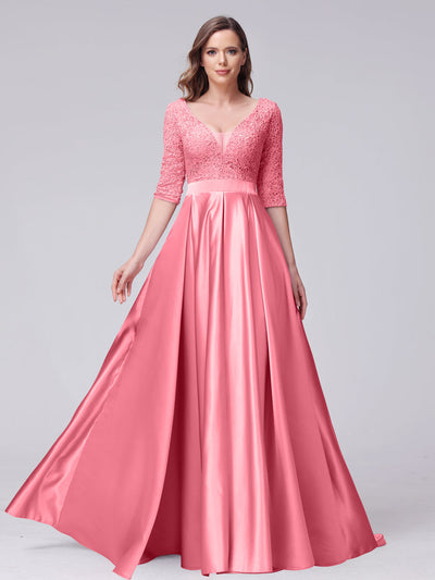 A-Line V-Neck Half Sleeves Applique Long Satin Bridesmaid Dresses With Split Side Pockets