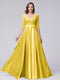 A-Line V-Neck Half Sleeves Applique Long Satin Bridesmaid Dresses With Split Side Pockets