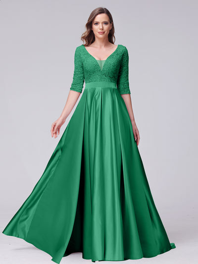 A-Line V-Neck Half Sleeves Applique Long Satin Bridesmaid Dresses With Split Side Pockets